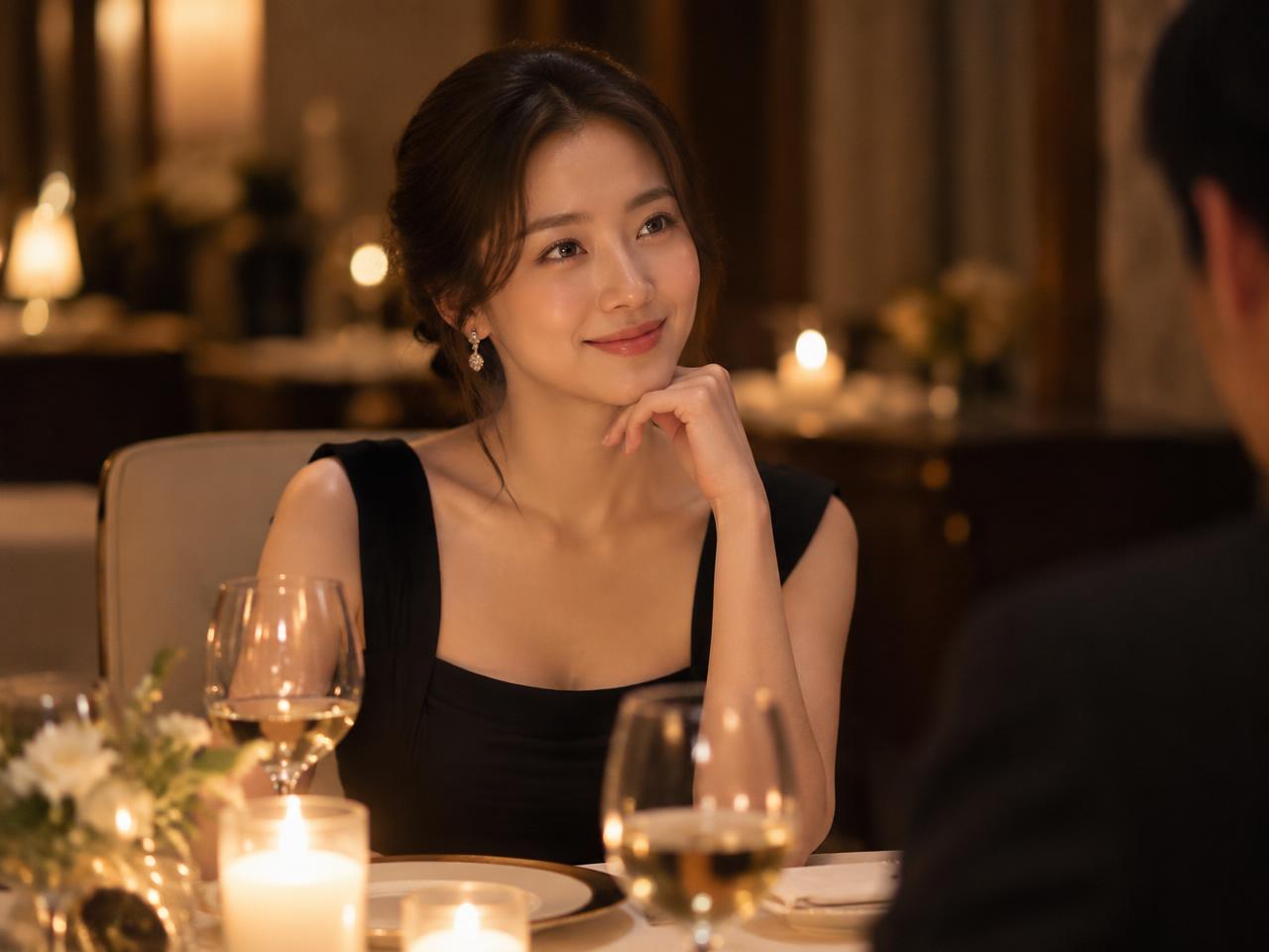촛불이 켜진 레스토랑에서 미소 짓는 여성