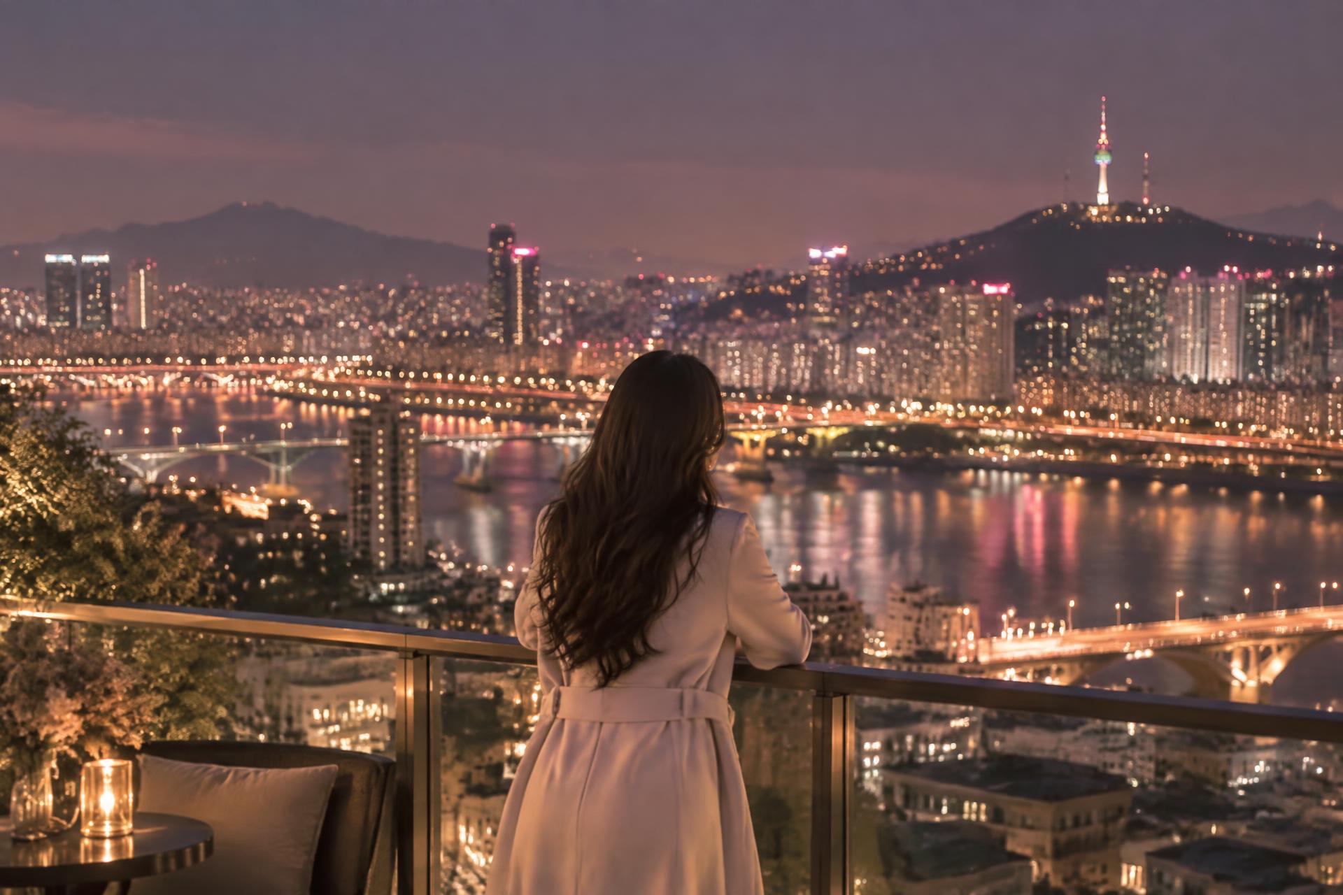 루프탑에서 서울 야경을 바라보는 여성